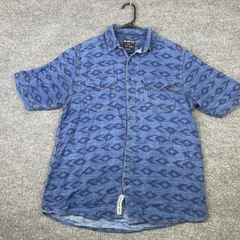 Kavu Klear Camp Outdoor Mens XL Blue Ikat Pattern Short Sleeve Button Shirt
